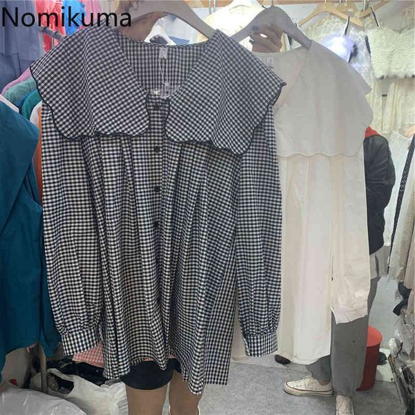 

nomikuma arrival plaid shirts women turn down collar long sleeve casual vintage blouse female korean loose blusas 3e141 210514, White
