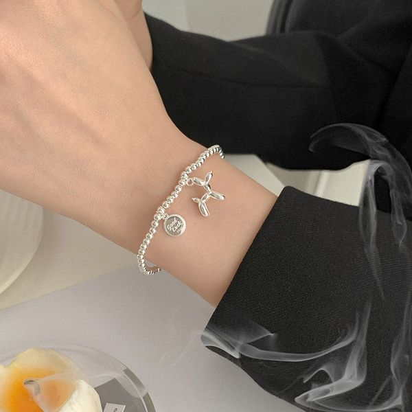 

925 sterling silver round bead cute dog charm bracelet bangle for women wedding party jewelry gifts sl492, Black