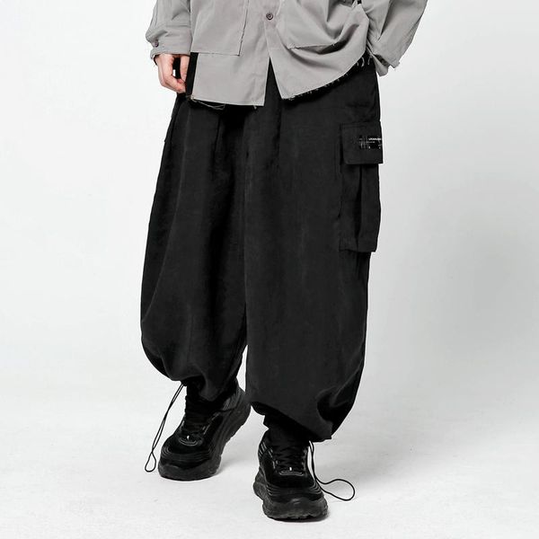 

fashion pockets cargo harem joggers pants streetwear mens hip hop elastic waist drawstring trousers casual hajuku men's, Black