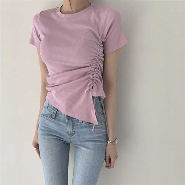 6 Farben Sommer All-Match Weiß Split Kordelzug Crop Tops O Hals Kurzarm T-Shirts Elastische Enge T-Shirts Solide Einfache Süße 210610