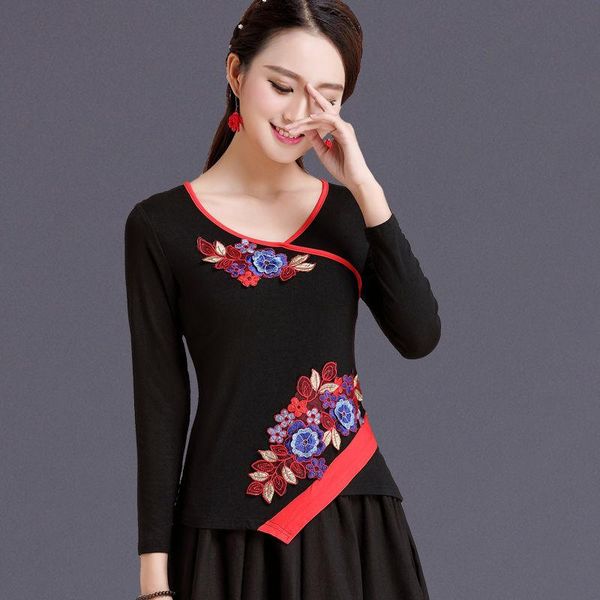

ethnic clothing cheongsam women's short 2021 autumn cotton blend embroidery long sleeve irregular chinese style qipao skinny shirts wo, Red