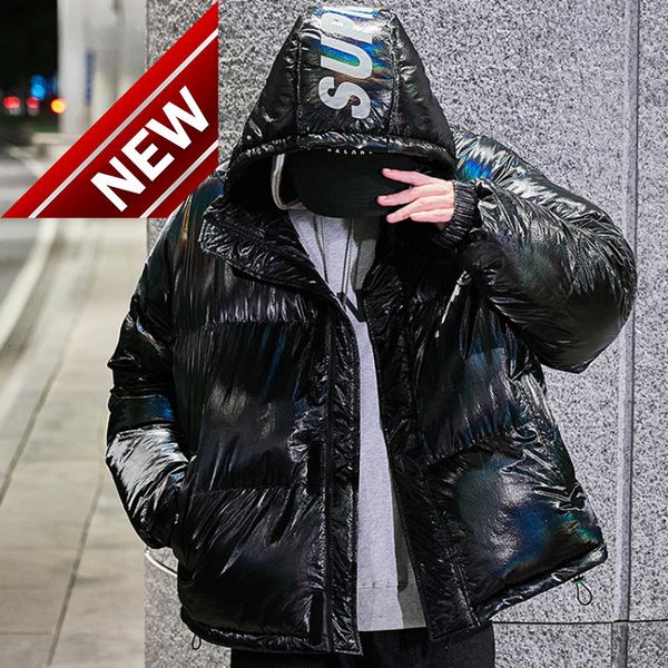 

2021 winter duck down jacket men short bright leather puffer s harajuku waterproof thicken warm men's clothes, Black