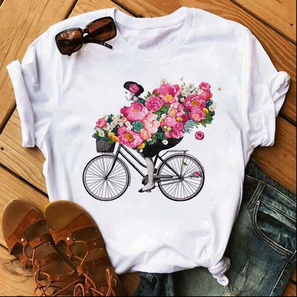 

floral girls with bicycle tshirts women t shirts cartoon graphic printed fashion round neck woman short sleeve clothing, White
