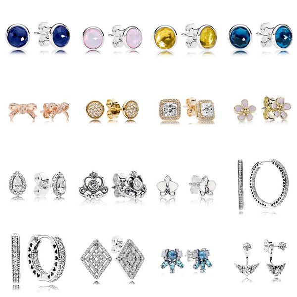 Novo 100% 925 Sterling Silver Fit Pandora Brincos Azul Gemstone Gold Ear Studs Charm Beads Fit Original DIY Dongler Atacado Fábrica