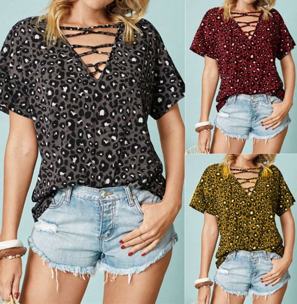 

2021 print leopard v-neck short sleeve t-shirt, Black;gray