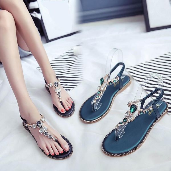 

fashion keep warm women sandals ethnic style thick bottom toe bohemian rhinestone beach shoes#520, Black