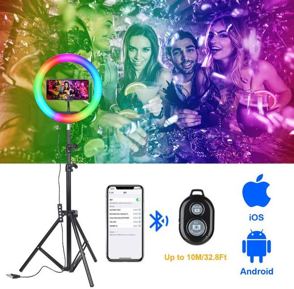 

inch rgb ring light with tripod camera phone led selfie lamp studio fill lights for youtube live stream makeup flash heads