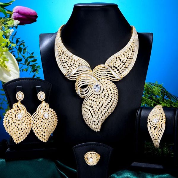

earrings & necklace godki big fashion luxury 4pcs bold bowknot nigerian jewelry sets for women wedding zircon african bridal, Silver