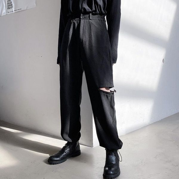 

spring and autumn youth fashion dark black holed trousers korean casual loose drape overalls m-xl men's pants