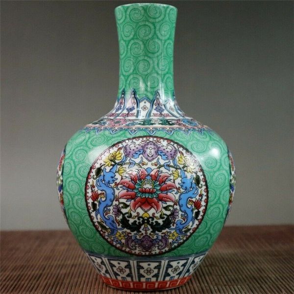 

chinese old porcelain green land enamel flower pattern celestial globe bottle vases, Brown