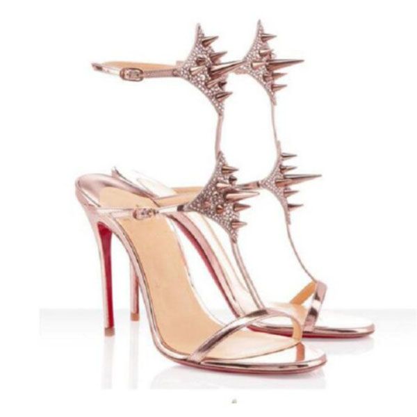 

2021 novelty open toe ankle strap woman gold black thin heels summer high heel shoes rivet dress eu35-43 mkj002