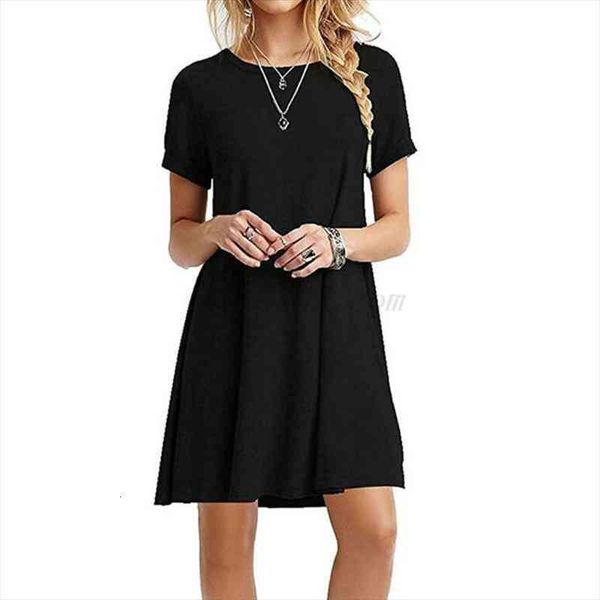 

summer plus size t-shirt short women dresses sleeves midi swing plain solid color crew neck loose pullover tunic, Black;gray