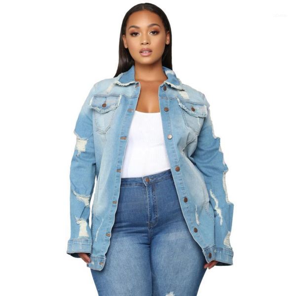 

women's trench coats 5xl denim coat women fall long sleeve button up cardigan jeans woman korean style back hole frayed, Tan;black