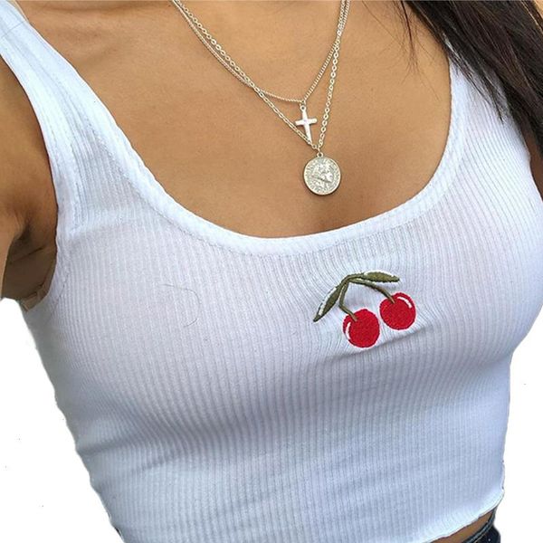 

womens tanks tank women summer cherry embroidery crop u neck sleeveless casual vest shirts black white