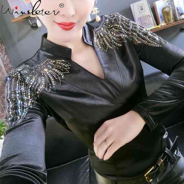 

women's t-shirt spring fall korean clothes girls v-neck shiny diamonds beads women long sleeve slim tees t11903a 12v0, White