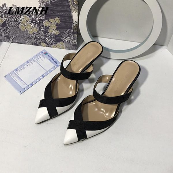 

sandals fashion brand women shoes luxury color block slip-on mules stiletto pointed toe 2021 party catwalk designer, Black