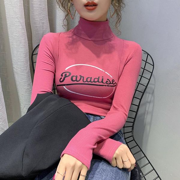 

women's sweaters turtleneck base shirt female underwear 2021 autumn and winter western style all-matching tight fleece lined sanded thi, White;black