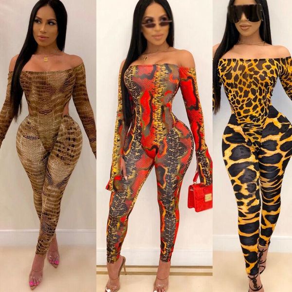 

women's jumpsuits & rompers off shoulder printed women long sleeve leopard serpentine romper clubwear fashion female bodycon jumpsuit, Black;white