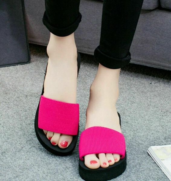 

slippers womens elastic band flat bottom high heel slope with one word lady's summer candy colors platform slides, Black
