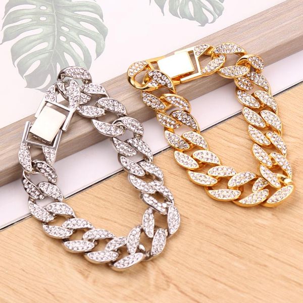 

charm bracelets trendy miami curb cuban bracelet for men women hip hop rapper decoration rhinestones bangle jewelry gifts, Golden;silver