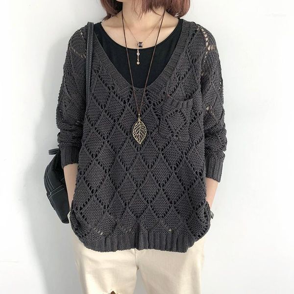 

women's sweaters women sweater knit thin v neck 2021 spring summer hollow out loose nine sleeve pullover fashion blouse1, White;black