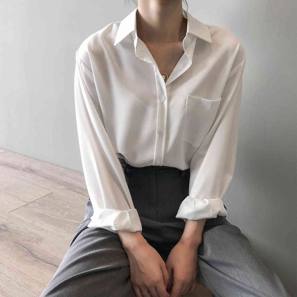 

women's blouses & shirts spring woman casual loose tencel women blouse mujer blusa long sleeve solid chic thin femme streetwear f3, White