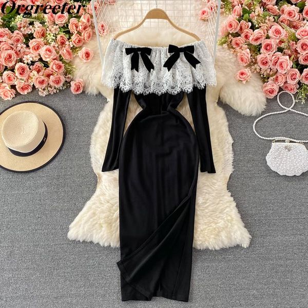 

casual dresses off shoulder long-sleeved sheath long dress for women 2021 fall lace stitching bowknot bodycon split party, Black;gray