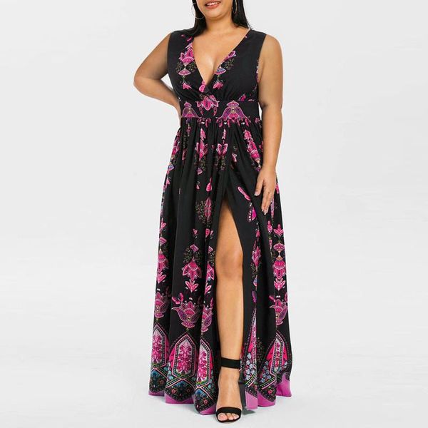 

casual dresses high-split v-neck dress woman butterfly printed sleeveless floor length summer high waist plus size 2021, Black;gray
