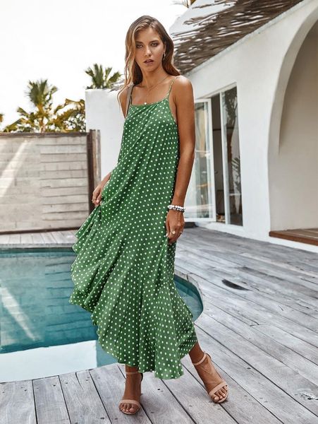 

casual dresses 2021 fashion polka dot sundress women lady maxi dress holiday irregular strappy summer beach, Black;gray