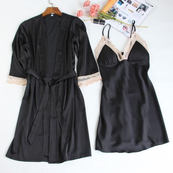 

women's sleepwear spring summer nightgown robe set women 2pcs nightdress loose silky nightwear mini intimate lingerie homewear, Black;red