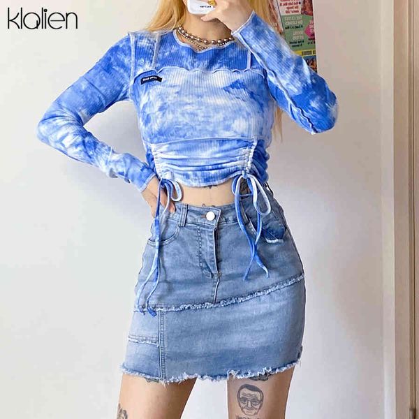 

t shirt fashion street casual tie dye cotton rib knitted female autumn long sleeve elastic drawstring slim wild t shirt, White