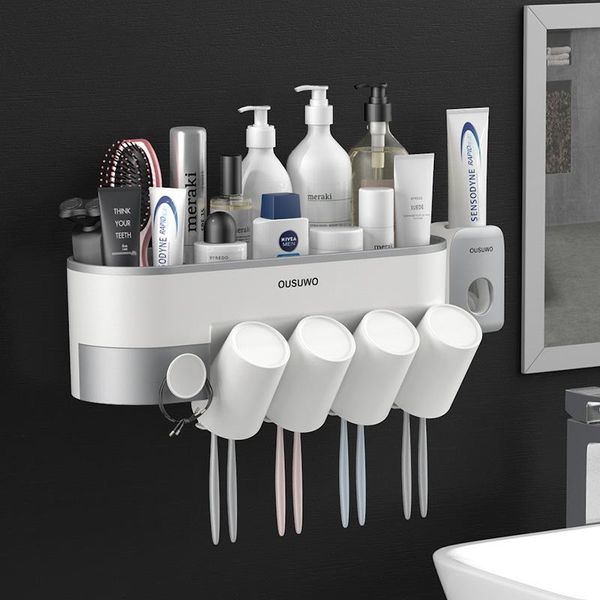 Conjunto de acessórios de banho 1 conjunto de xícaras invertidas suportes de escova de dentes de montagem na parede com pasta de dente automática Dispensador de banheiros conjuntos de acessórios para banheiros