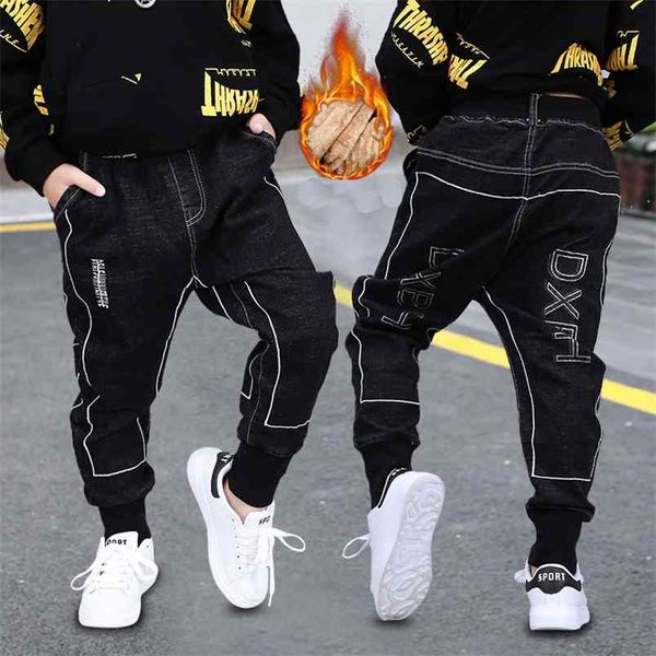 

fashion winter pants for kids cotton teenage boys elastic waist jeans trousers add wool warm long pant toddler baby clothes 210622, Blue