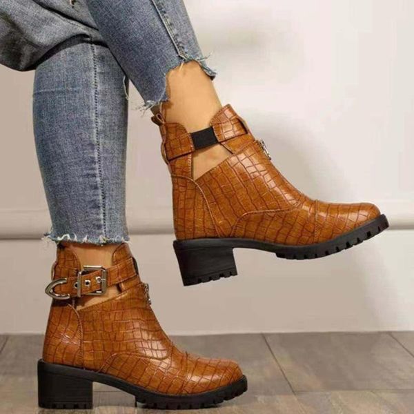 

boots women pu leather ankle autumn winter bucklet vintage punk flat ladies shoes short snow mujer#1 m0ze, Black