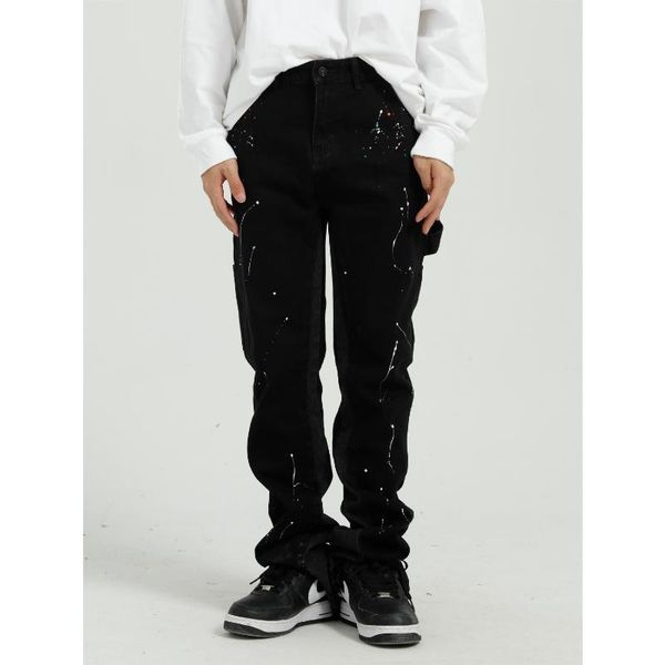 

| 2021 autumn product personality wash water splash ink paint rough edge jeans pants men's clothing, Blue