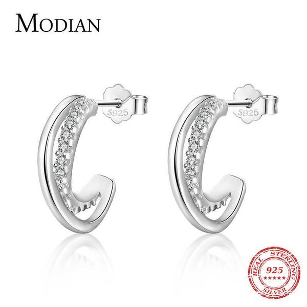 

silver line clear cz stud earrings 100% 925 sterling geometry exquisite earring for women wedding fine jewelry 210707, Golden;silver