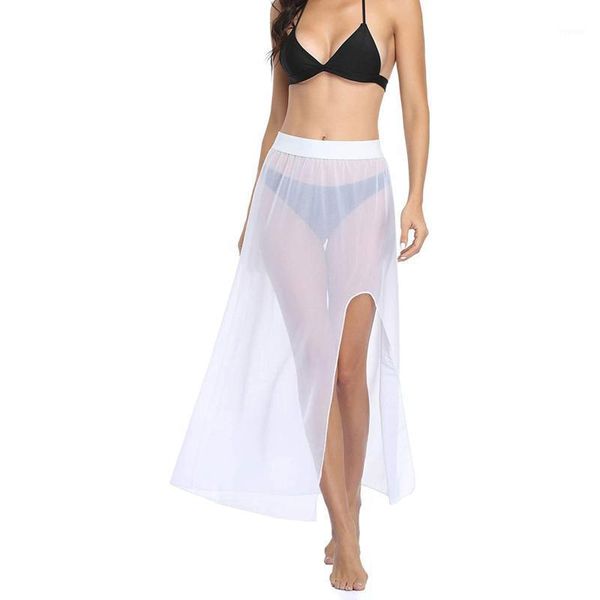 

women's swimwear women split bikini cover ups solid color ankle length high waist see through skirt for summer beach swimming swimwears, White;black