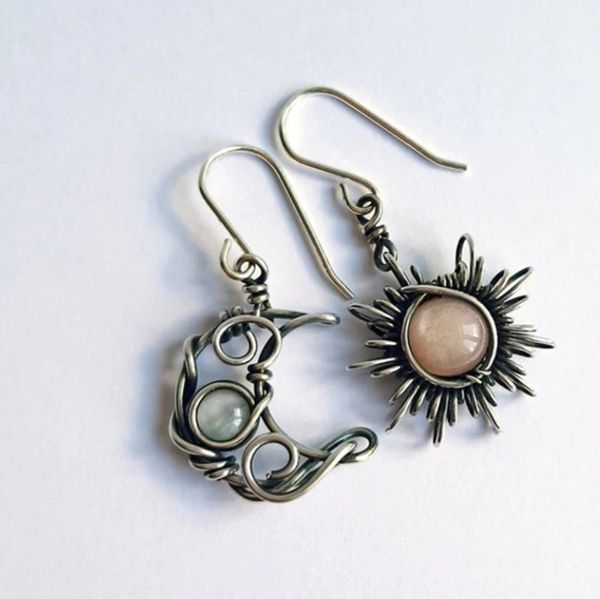 

bohemian wind retro sun moon earrings moonstone asymmetric dangle, Silver