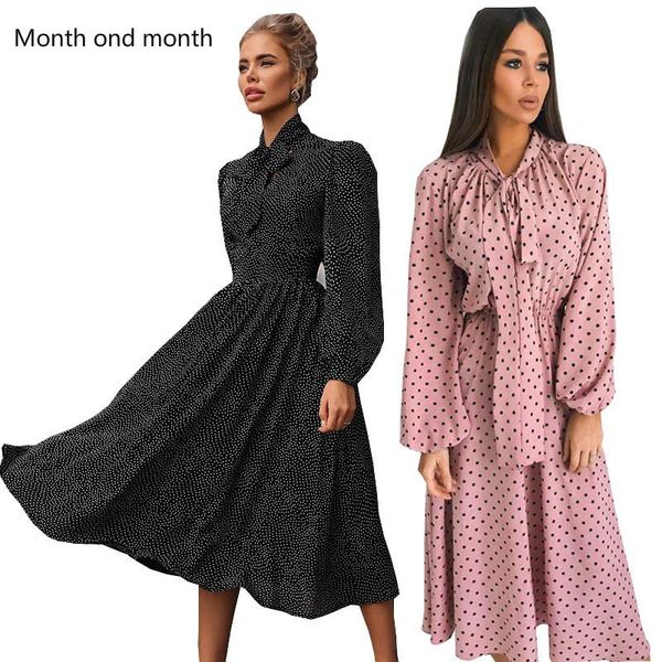 

casual dresses polka dot elegant dress women lantern sleeve office lady shirt spring a-line party vestido long pleated, Black;gray