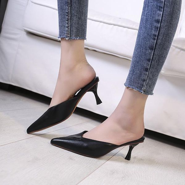 

slippers pointed half female summer 2021 fashion fine-heeled baotou sandals high-heeled net red muller, Black