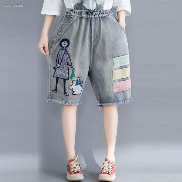 

plus size cartoon embroidery capris denim pants jeans for women summer streetwear loose retro knee length jean femme women's, Blue