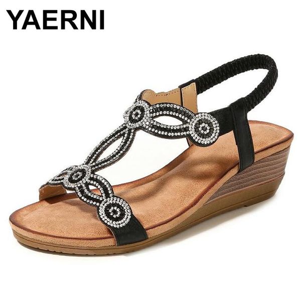 

dress shoes yaerni crystal sandals women hollow wedges med heel ladies bohemian woman black sandalias de verano para mujere855