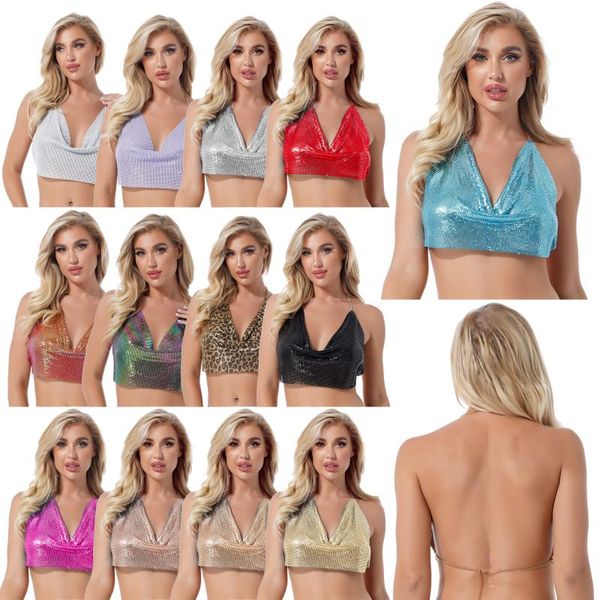 

bras sets summer fashion vest women glitter shiny metal tank halter chain backless cowl neck crop for party night club, Red;black