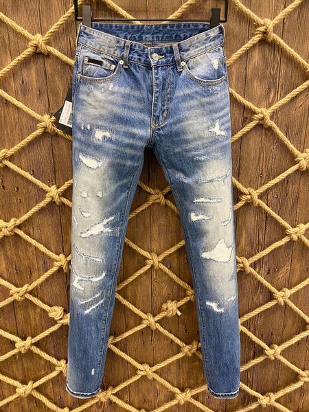 

men's jeans european italy brand men pants slim biker denim straight trousers hole blue for