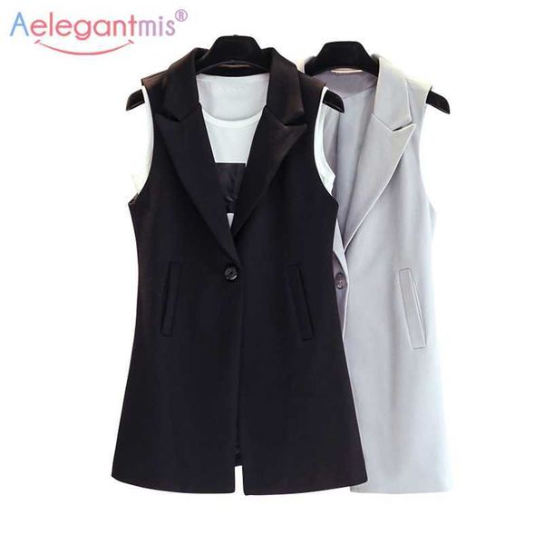 Aelegantmis Klasik Uzun Yelek Kadınlar Zarif Takım Elbise Bahar Sonbahar Kolsuz Ceketler Giyim Ofis Bayan İnce Yelek 210607