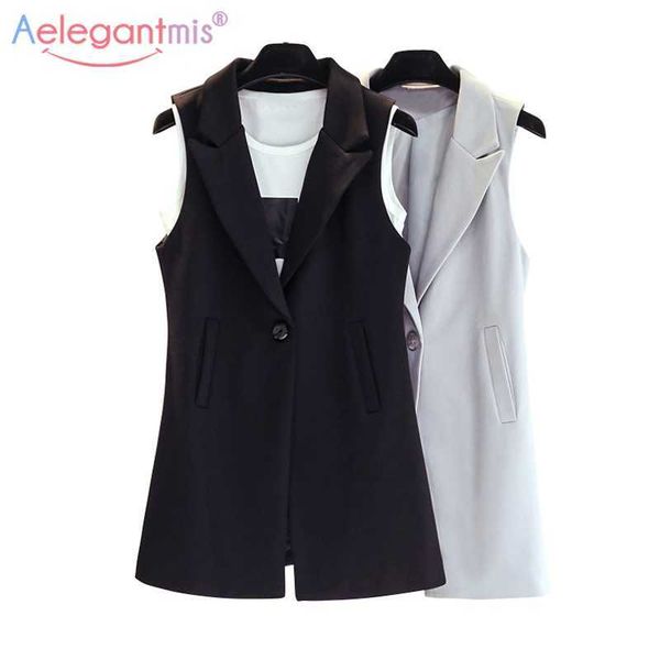 Aelegantmis Classico Gilet Lungo Donna Abito Elegante Primavera Autunno Senza Maniche Giubbotti Capispalla Office Lady Slim Gilet 210607