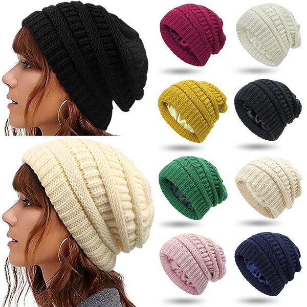 

berets womens men satin lined winter beanie hats cable knit silk lining thick chunky cap soft stretch slouchy warm hat, Blue;gray