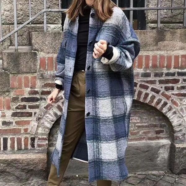 

coats autumn women's long jacket plaid classic turn -down collar loose single breasted female coat with pockets, Black