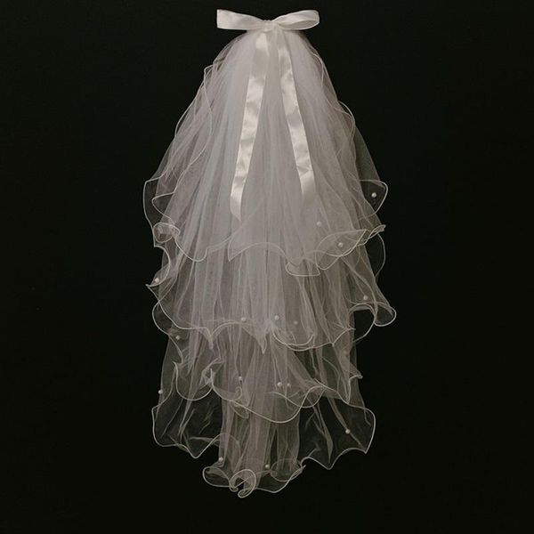 

bridal veils simple wedding veil for korea 4 layers ruffles tulle pearls beaded with bow comb women 2021, Black