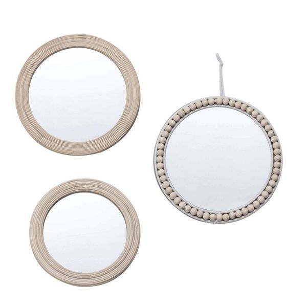 Specchi A5KB Rattan Round Wall Hanging Mirror Bohemian Macrame Perline di legnoCircle Makeup Tapestry Home Bedroom Art Decor